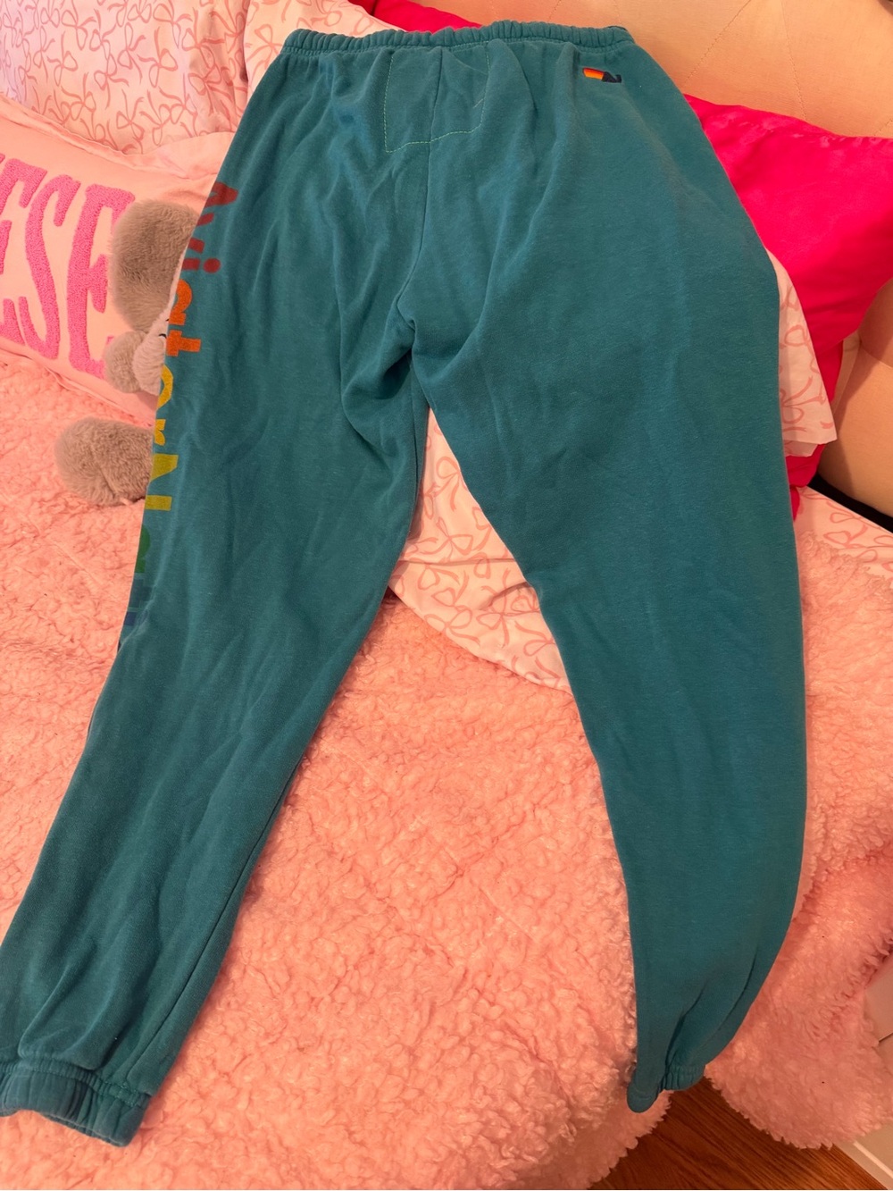 Aviator Nation Teal Joggers with Rainbow Lettering